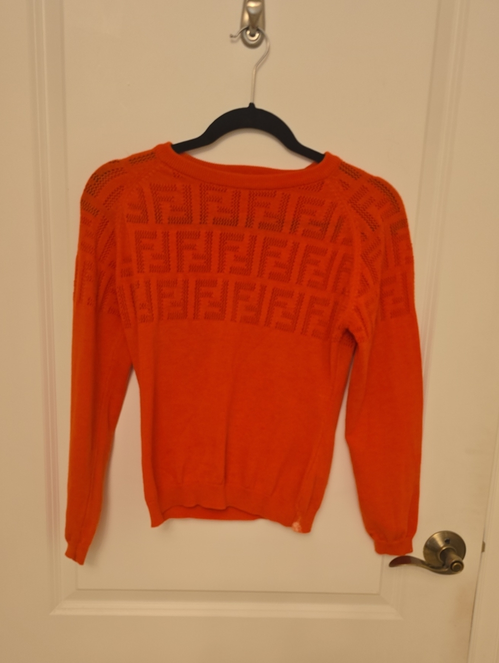 Fendi Orange Knit Crewneck Sweater with Logo Perforation